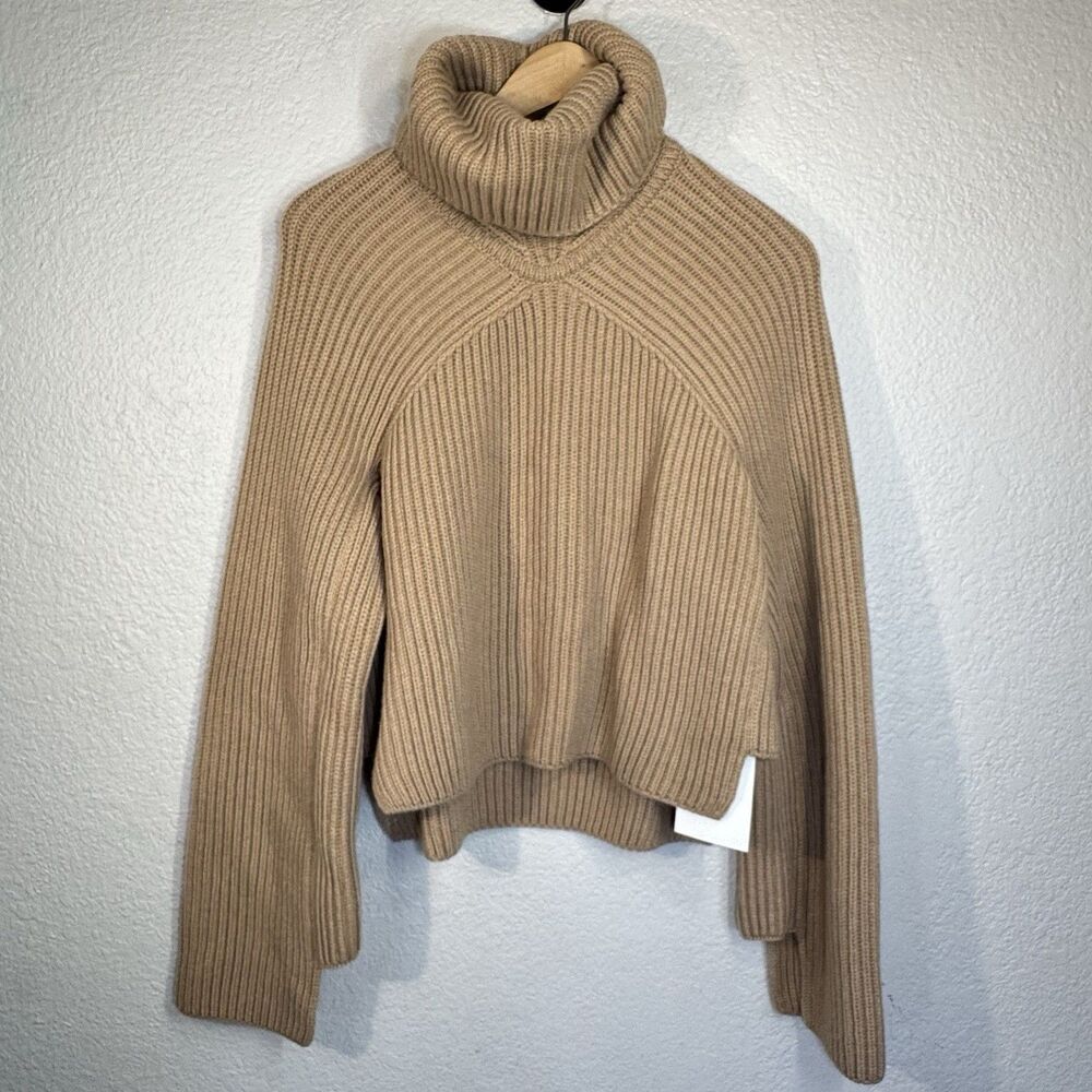 Rosetta Getty Cashmere Sweater NEW Tan Italian Ribbed Panel Turtleneck Women XL